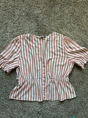 Striped Pink and White Button-Back Peplum Top - Women